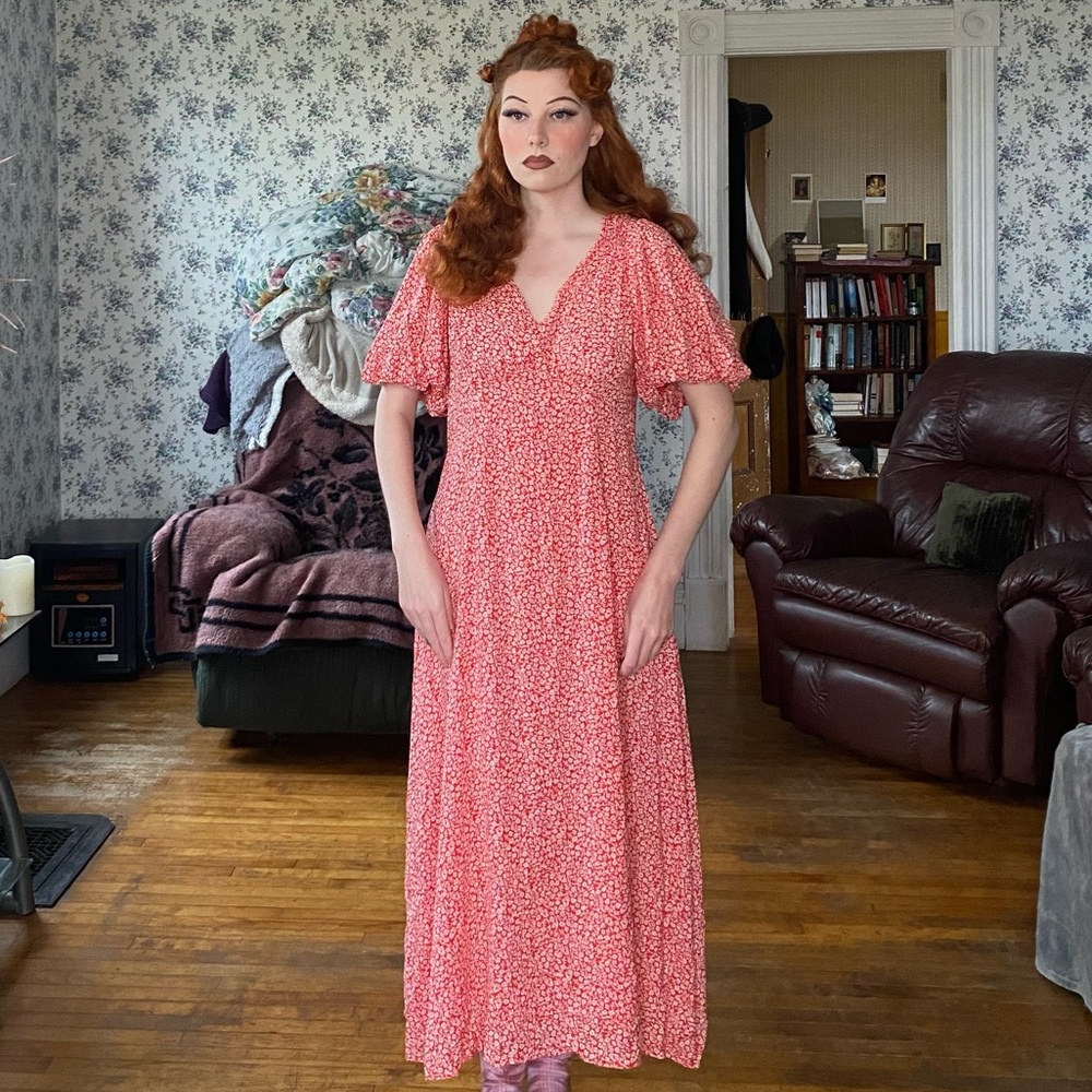Orange Puff-Sleeve Floral Maxi Dress